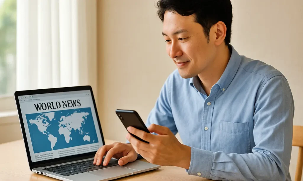 インターネットで海外ニュースを集める男性