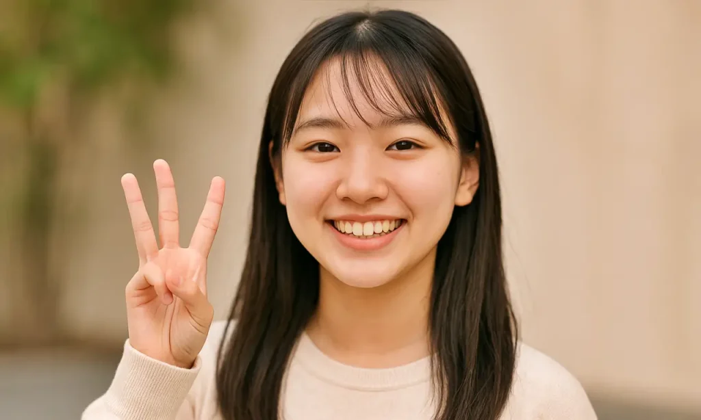 三本指を立てる女性