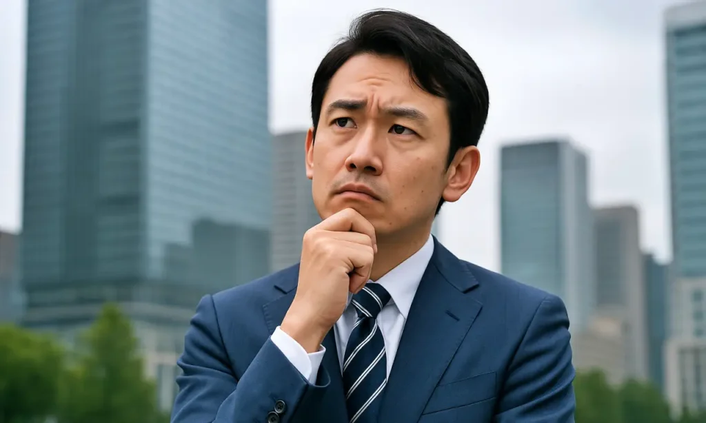 顎に手を当てて考え事をしているサラリーマン