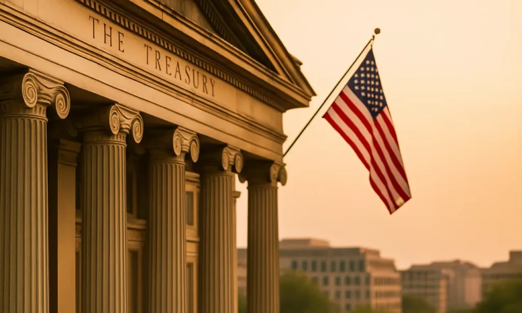 アメリカ国旗がかかったアメリカ政府の建物